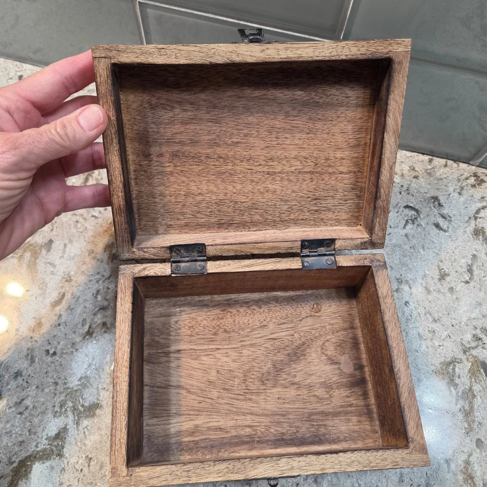 Hand Carved Wooden Initial J Keepsake Jewelry Box Floral Vine Relief Storage